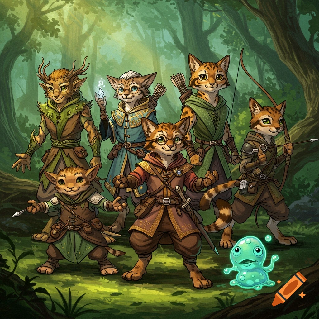 Six cat-like fantasy adventurers and a glowing blue blob creature stand in a lush green forest, cartoonish illustration.