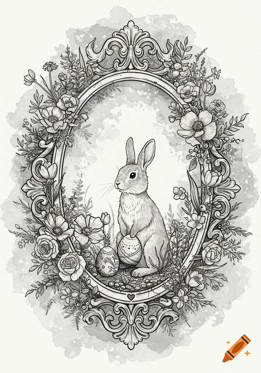Black and grey illustration of a bunny and Easter eggs in an ornate, gothic oval frame with flowers and foliage.