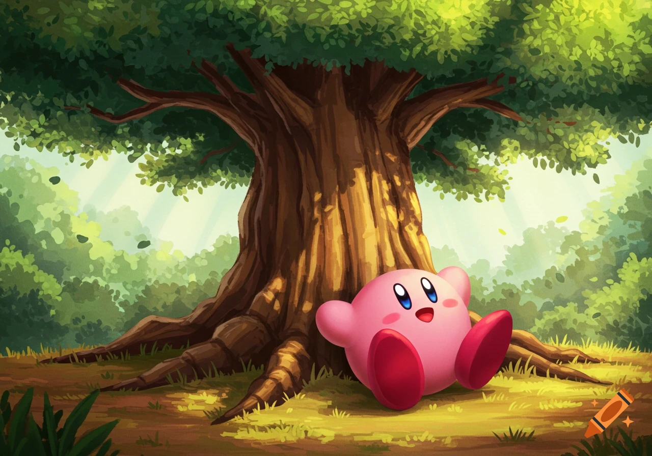 Kirby, a pink video game character, happily rests on the grass under a large, leafy tree in a bright, illustrative forest.