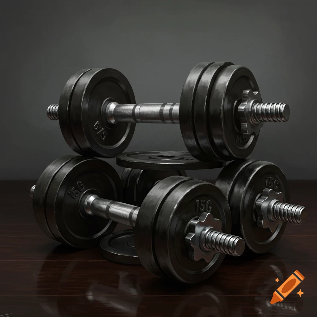 Two black adjustable dumbbells with metal handles, one stacked on top of the other, resting on a dark wooden surface.