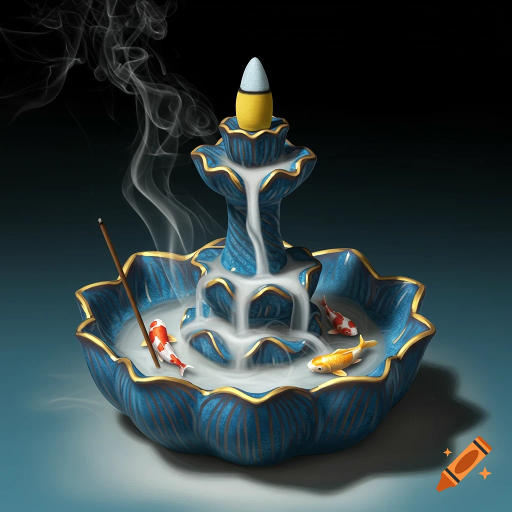 A blue and gold ceramic down flow incense holder shaped like a fountain, with white smoke and koi fish swimming in the base.