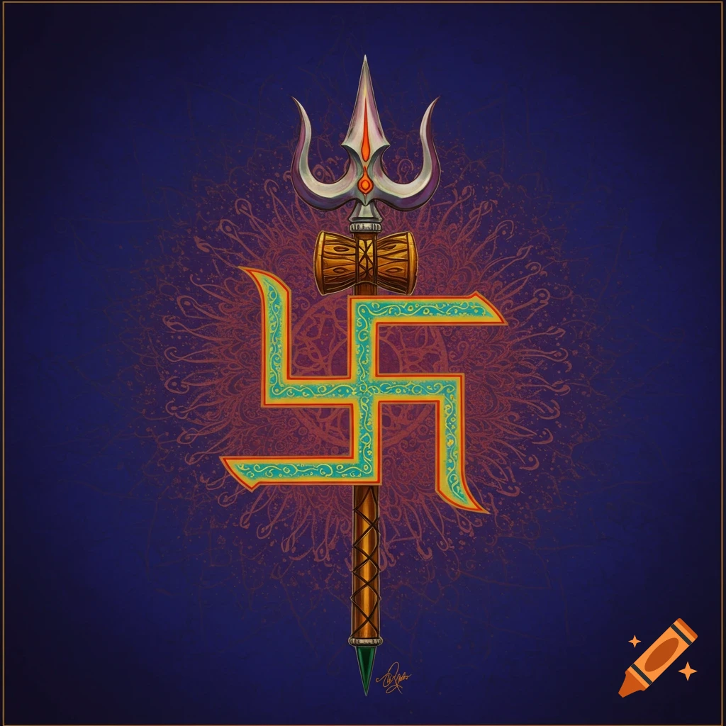 A vibrant digital illustration featuring a gold and silver Trishul combined with a teal and gold Hindu Swastika on a dark blue background with a subtle mandala pattern.