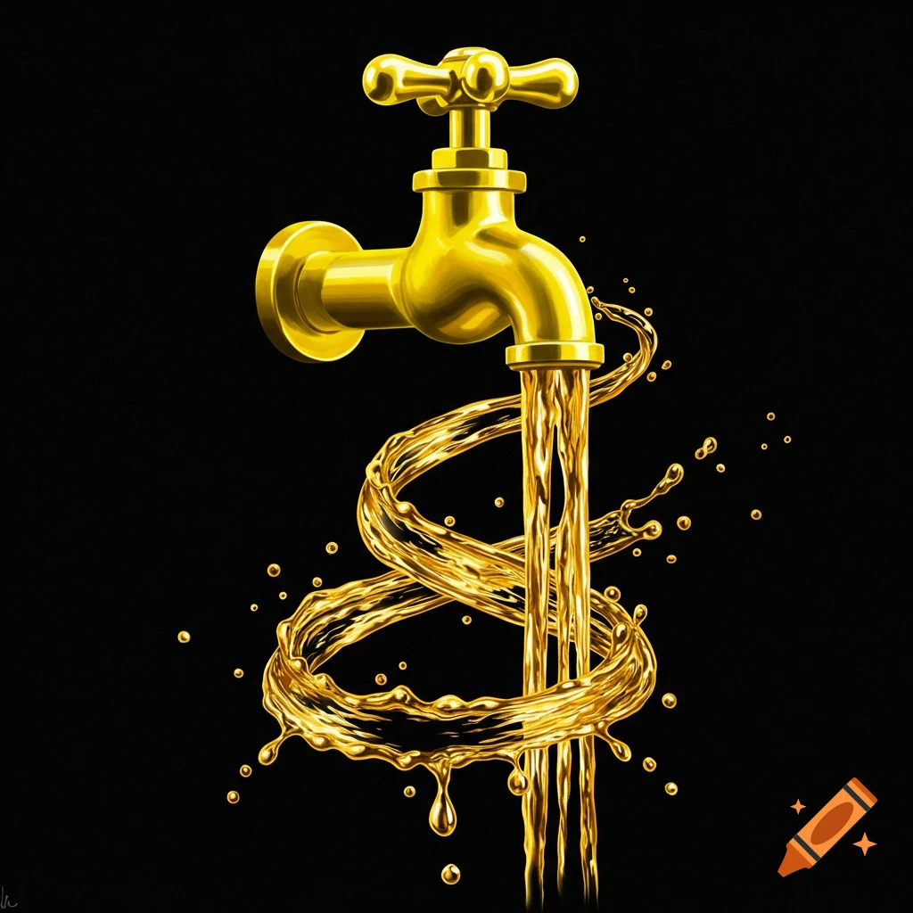A golden faucet on a black background, spewing golden liquid that spirals downwards with splashes.