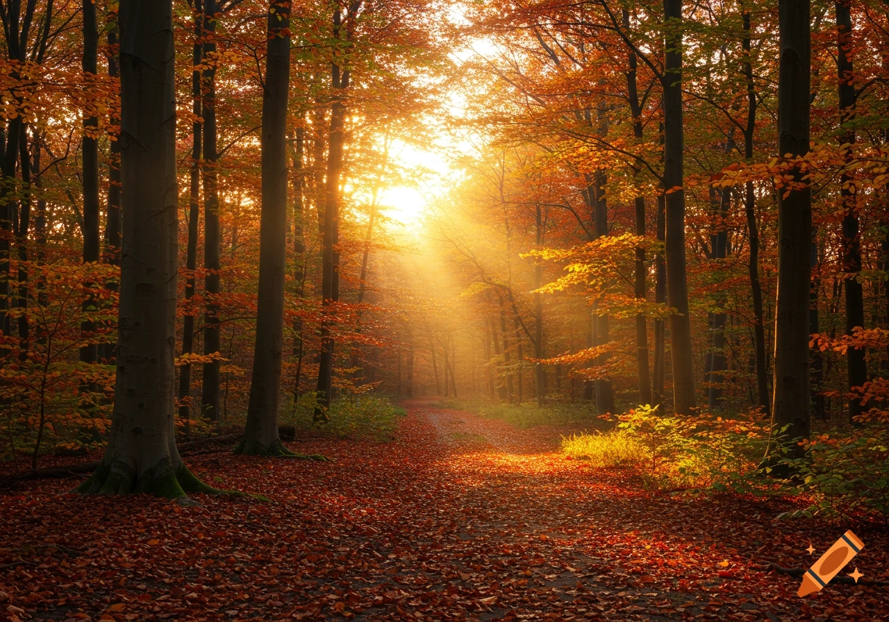 Sunlight streams through a forest path covered in vibrant red and orange autumn leaves.
