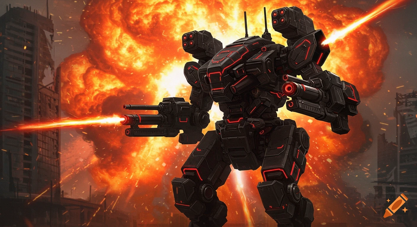 A black battle mech with red neon lines fires energy blasts against a large orange explosion in a destroyed city.