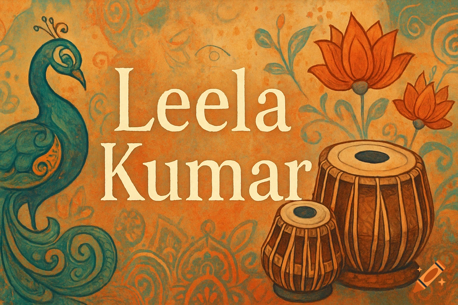 Decorative illustration with "Leela Kumar" in the center, flanked by a teal peacock on the left, orange lotus flowers, and tabla drums on a textured orange background.