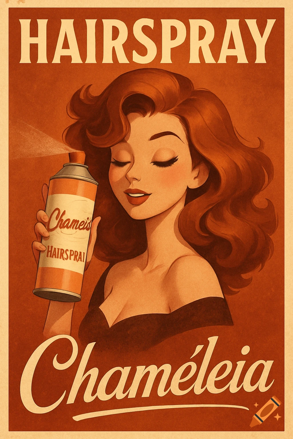 A retro-style hairspray ad featuring a woman with auburn hair holding a can of hairspray, with text "HAIRSPRAY" at the top and "Cham\u00e9leia" at the bottom. The woman is smiling with her eyes closed.