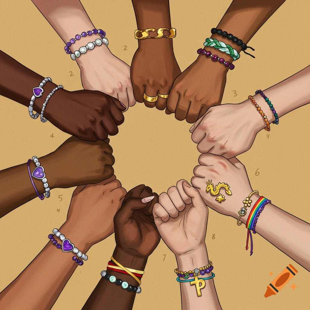 Close-up of eight hands of varying skin tones in a circle, each wearing unique bracelets and rings.