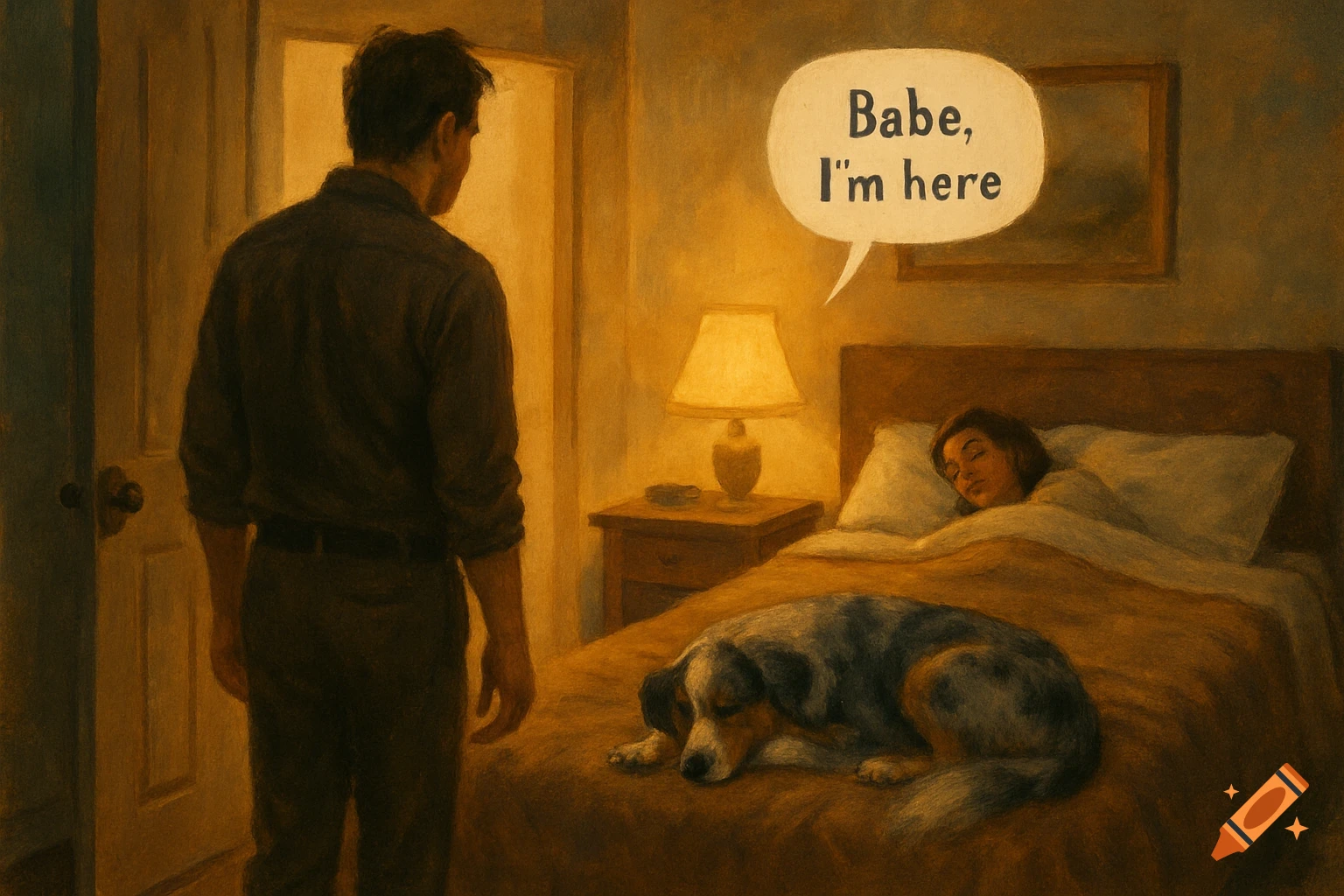 A man stands in a doorway looking into a dimly lit bedroom where a woman sleeps next to a dog in a painterly style, with a speech bubble reading 'Babe, I'm here'.