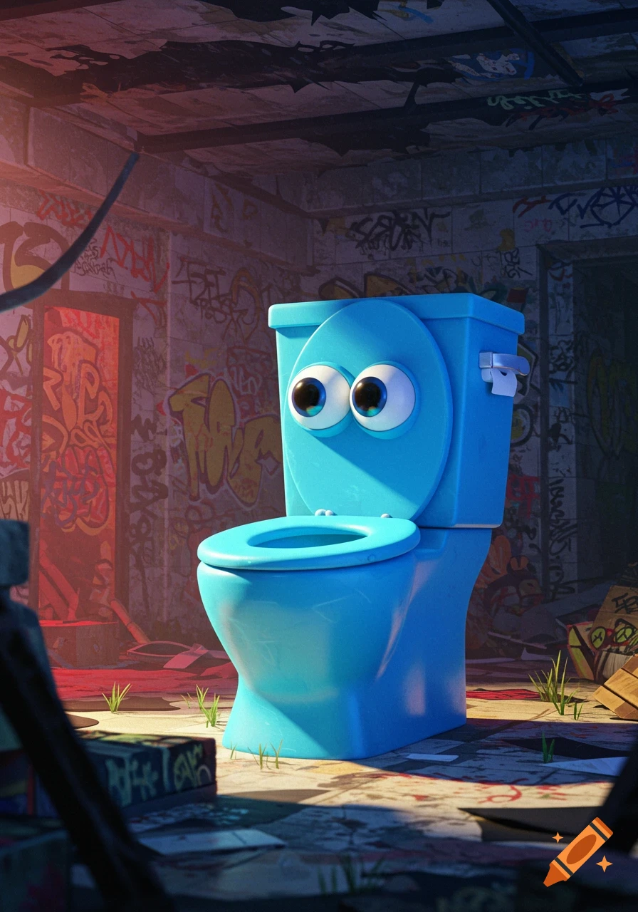 A bright blue anthropomorphic toilet with large eyes stands in a dark, dilapidated room covered in graffiti.