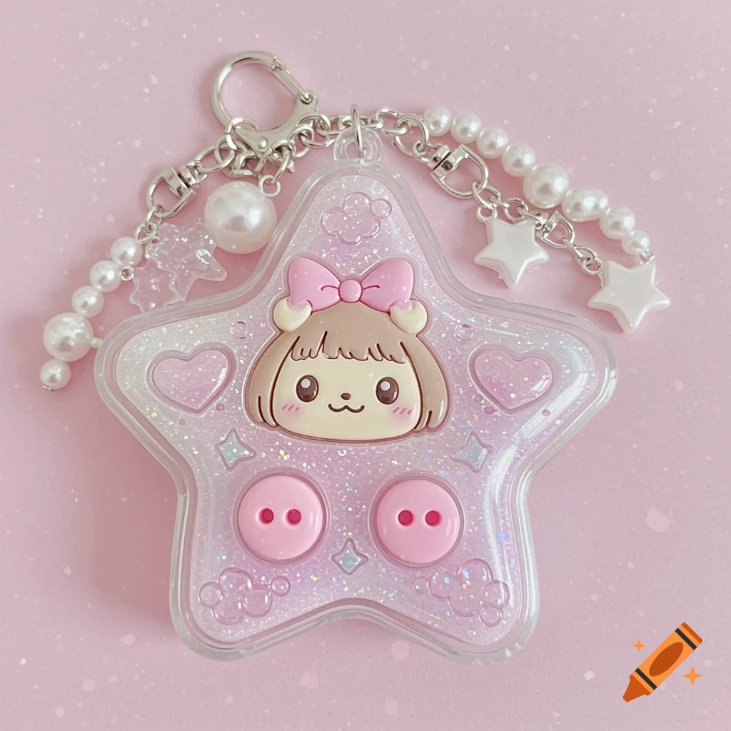 Close-up of a star-shaped clear plastic keychain featuring a cute cartoon face, pink buttons, glitter, and pearl and star charms on a pink surface.