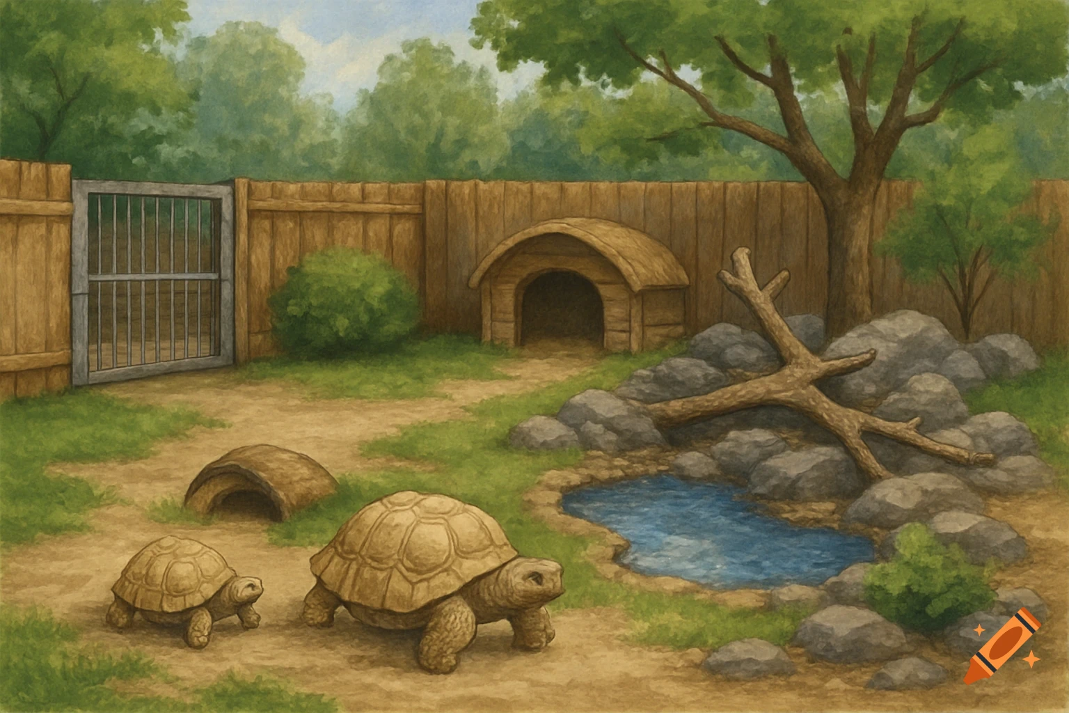 Two tortoises in a naturalistic outdoor enclosure featuring a pond, rocks, a wooden fence, and a small shelter, in an illustrated style.