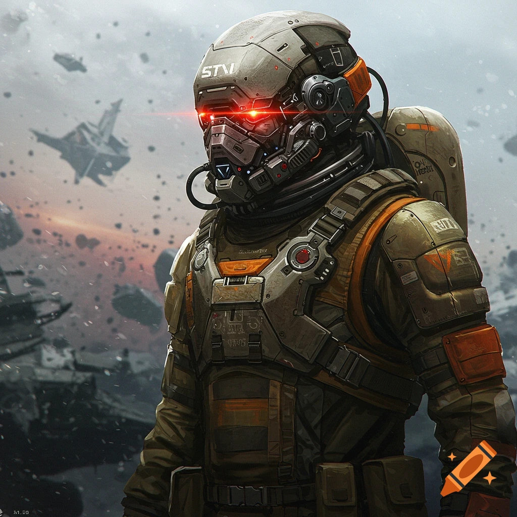 A detailed sci-fi illustration of a futuristic astronaut or scavenger in a heavily armored suit with glowing red eyes, standing amidst space debris and wrecked ships.