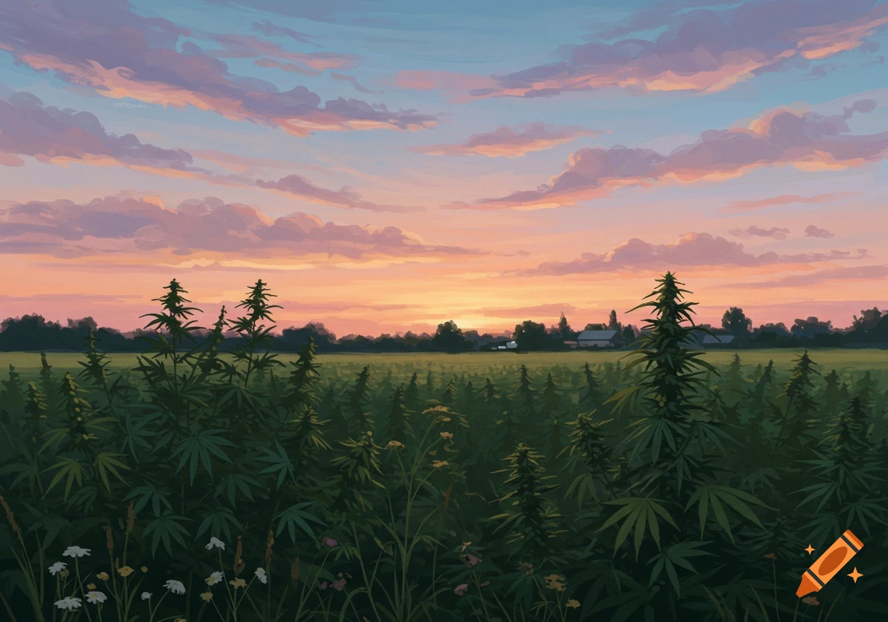 An illustrated field of cannabis plants under a vibrant sunset sky.