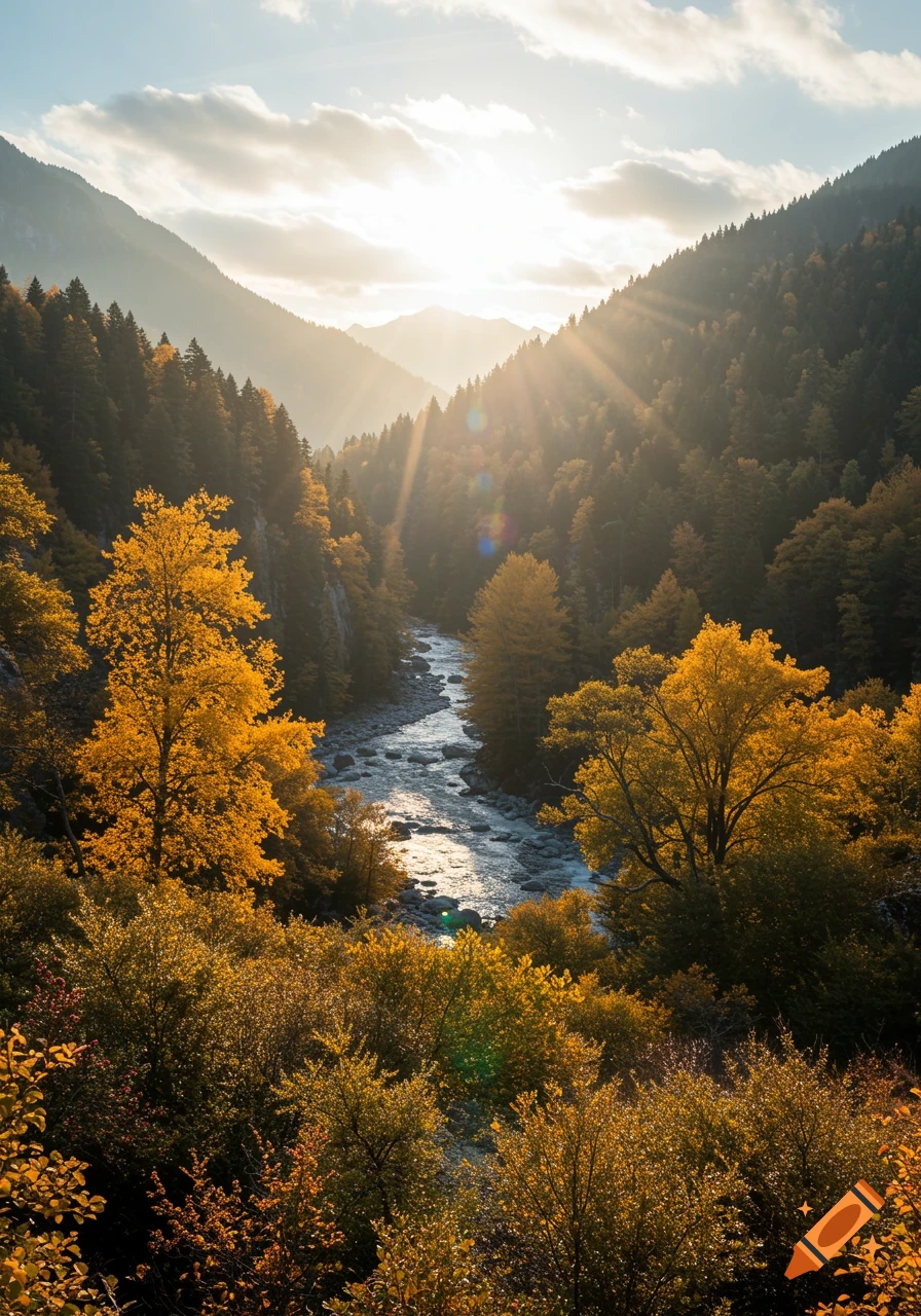 A river flows through a valley surrounded by mountains and golden autumn trees, with sun rays piercing through the clouds.