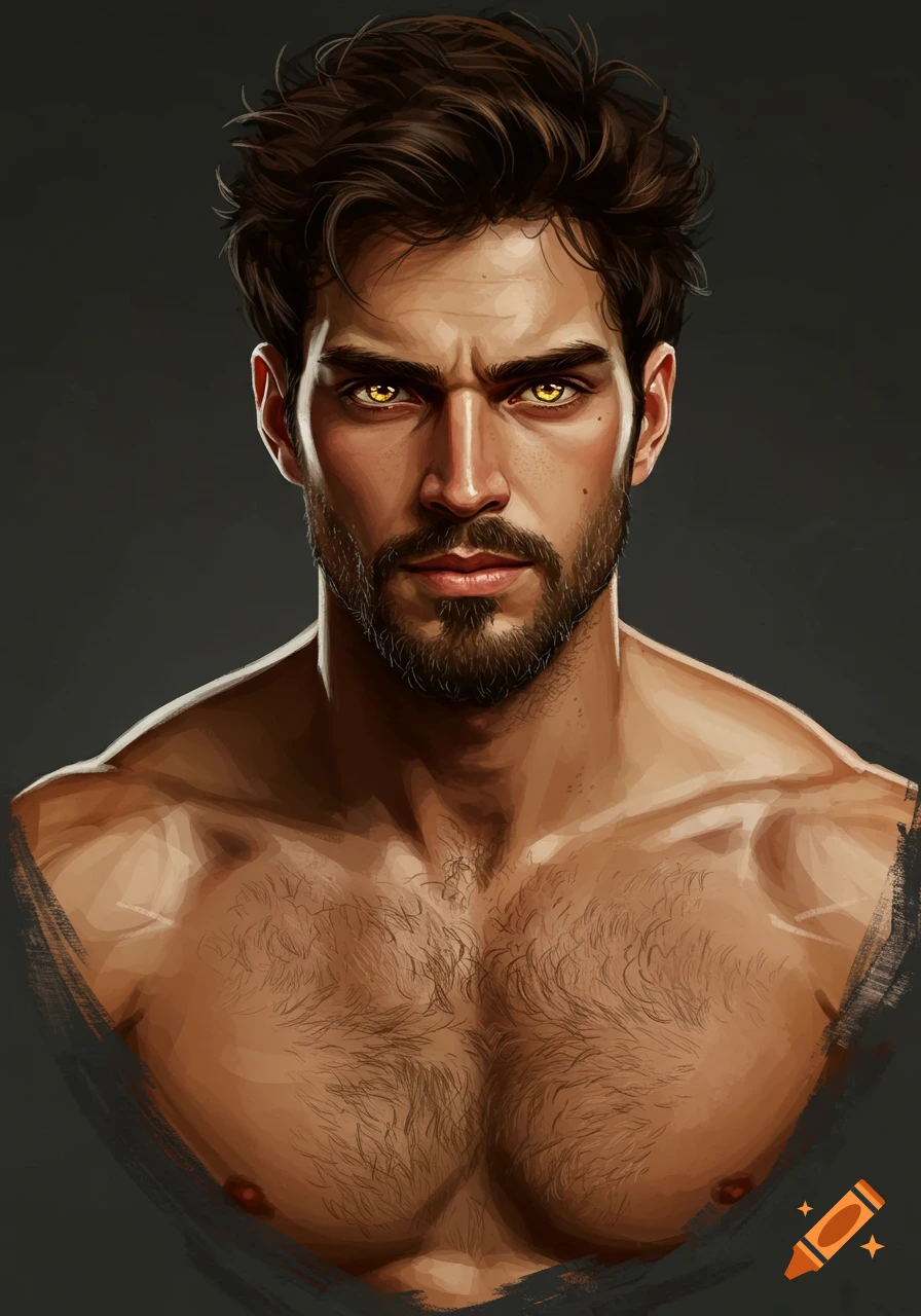 Digital painting of a shirtless man with dark brown hair, beard, and striking yellow eyes, featuring a muscular, hairy chest.