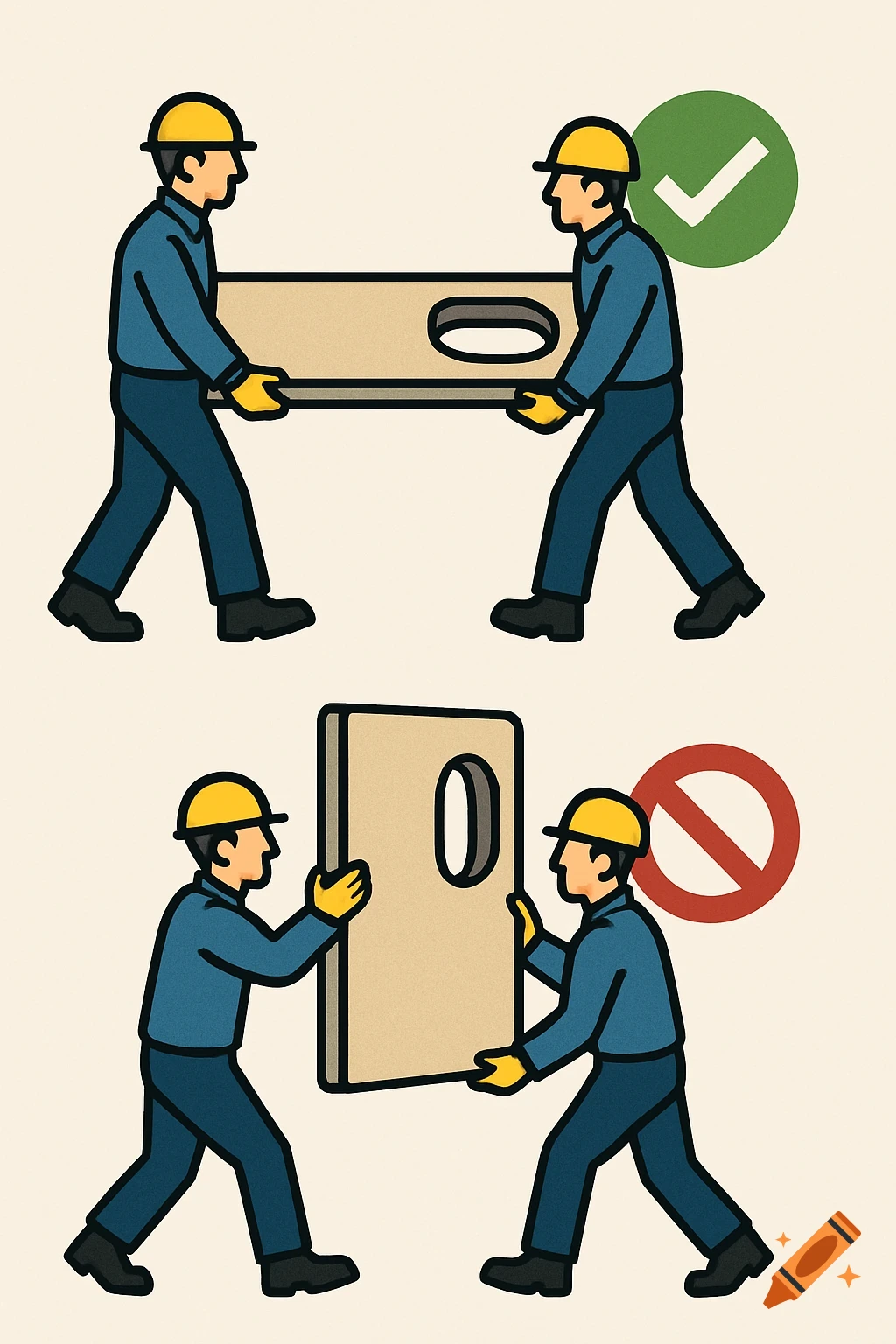 Infographic showing two workers correctly carrying a countertop horizontally and incorrectly carrying it vertically.