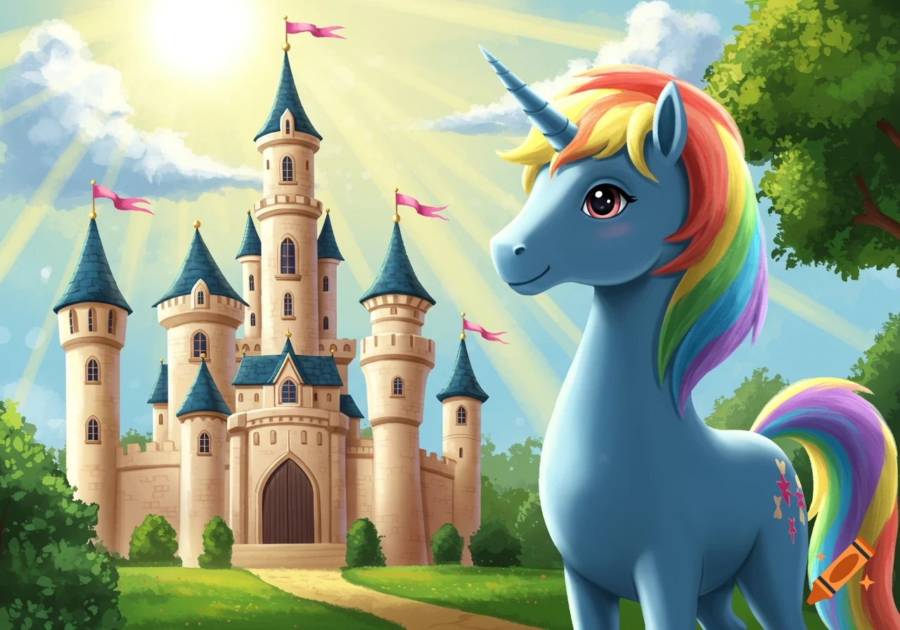 A blue unicorn with a rainbow mane stands in front of a fairytale castle under a sunny sky in a cartoon style.