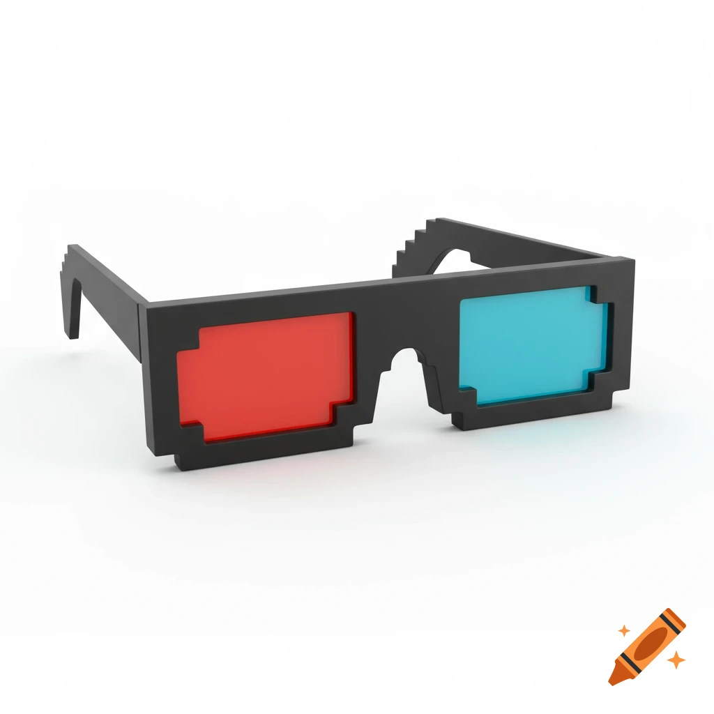 A pair of pixelated 3D glasses with a red lens and a blue lens on a white background.