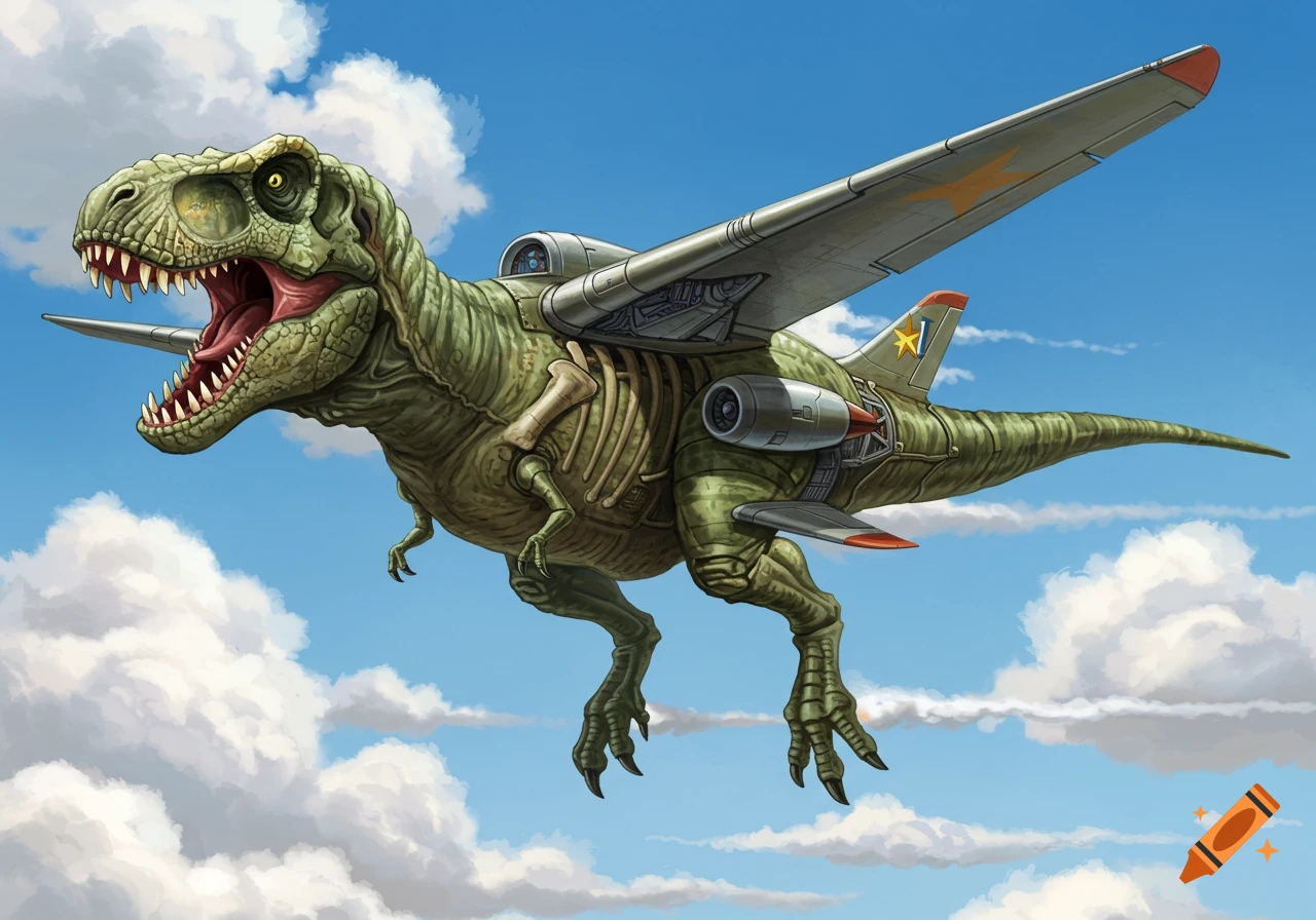 A cartoonish T-Rex with airplane wings and jet engines flying through a blue sky with white clouds.