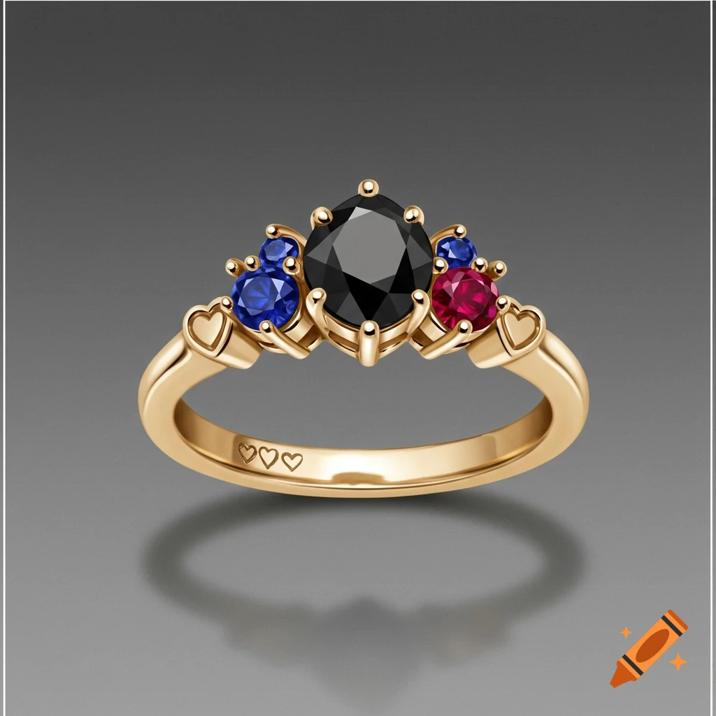 A gold ring with a large black diamond center stone, flanked by deep blue sapphires and a red ruby, with three tiny engraved hearts on the band.