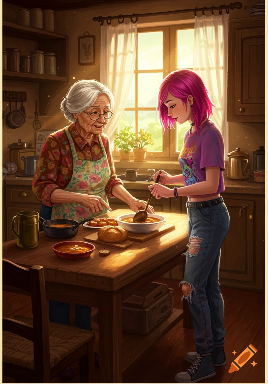 A colorful illustration of an elderly woman and a young woman with pink hair cooking in a sunlit kitchen.