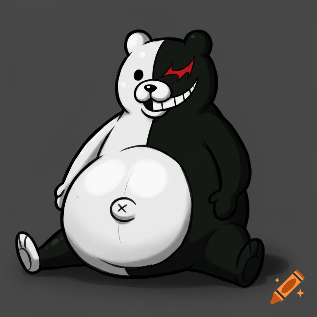 A cartoon of Monokuma, a black and white bear character, sitting on the floor with a large, round belly, in Danganronpa art style.
