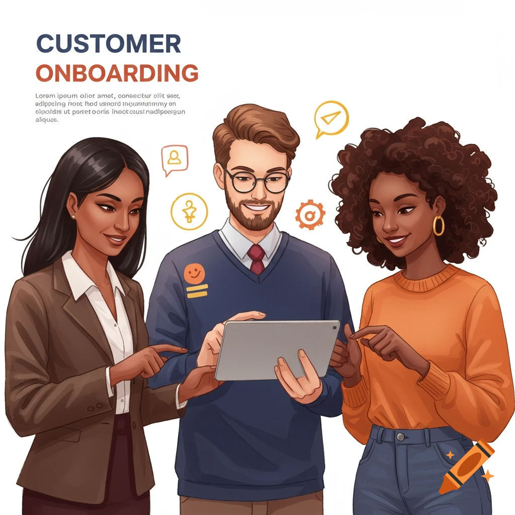 An illustration of three diverse people, a man and two women, looking at a tablet. Text says "CUSTOMER ONBOARDING."