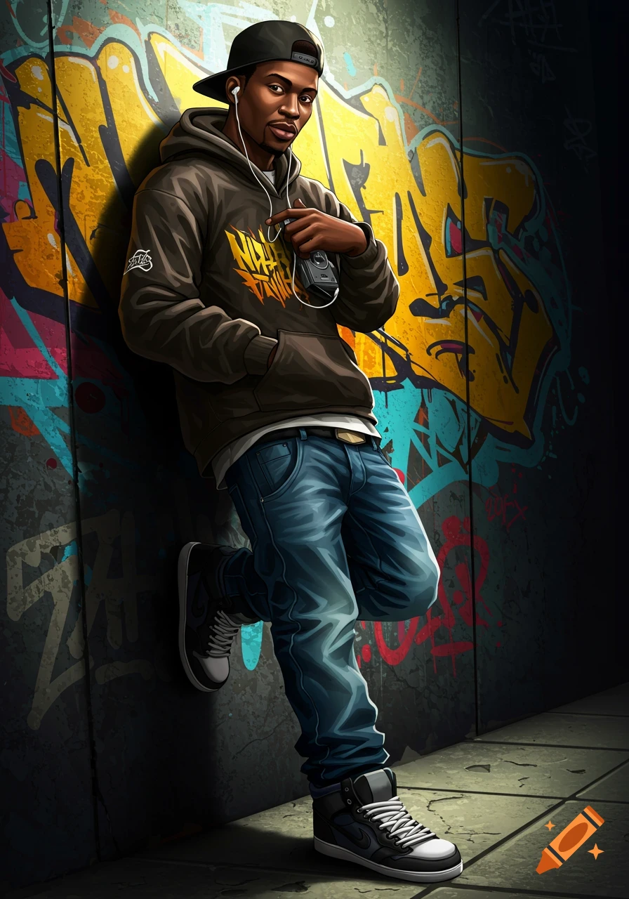 A cool young man in hip-hop fashion, wearing a hoodie, jeans, and sneakers, leaning against a vibrant graffiti wall.
