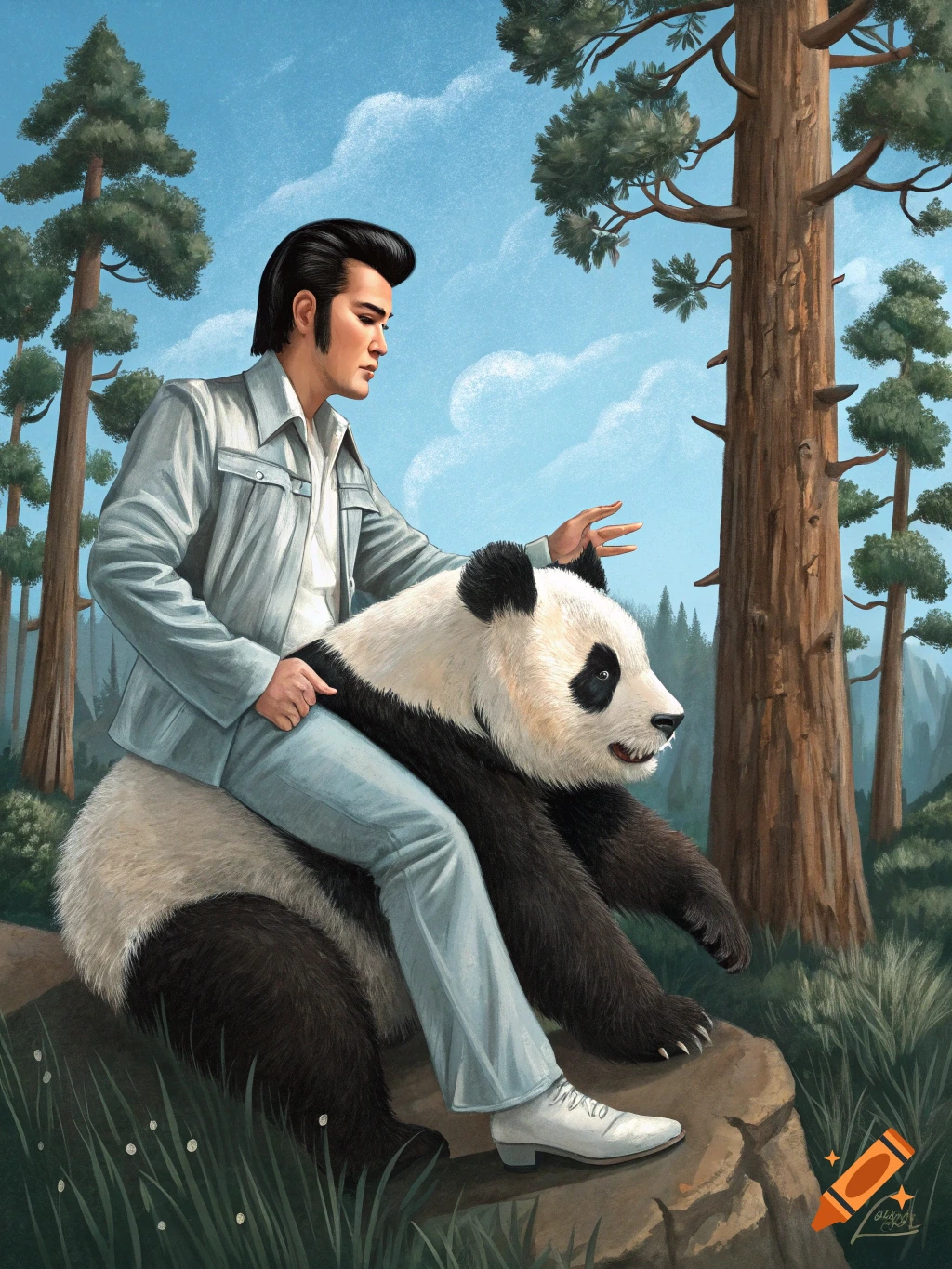 Elvis Presley riding a giant panda in a lush forest, depicted in a painterly style.