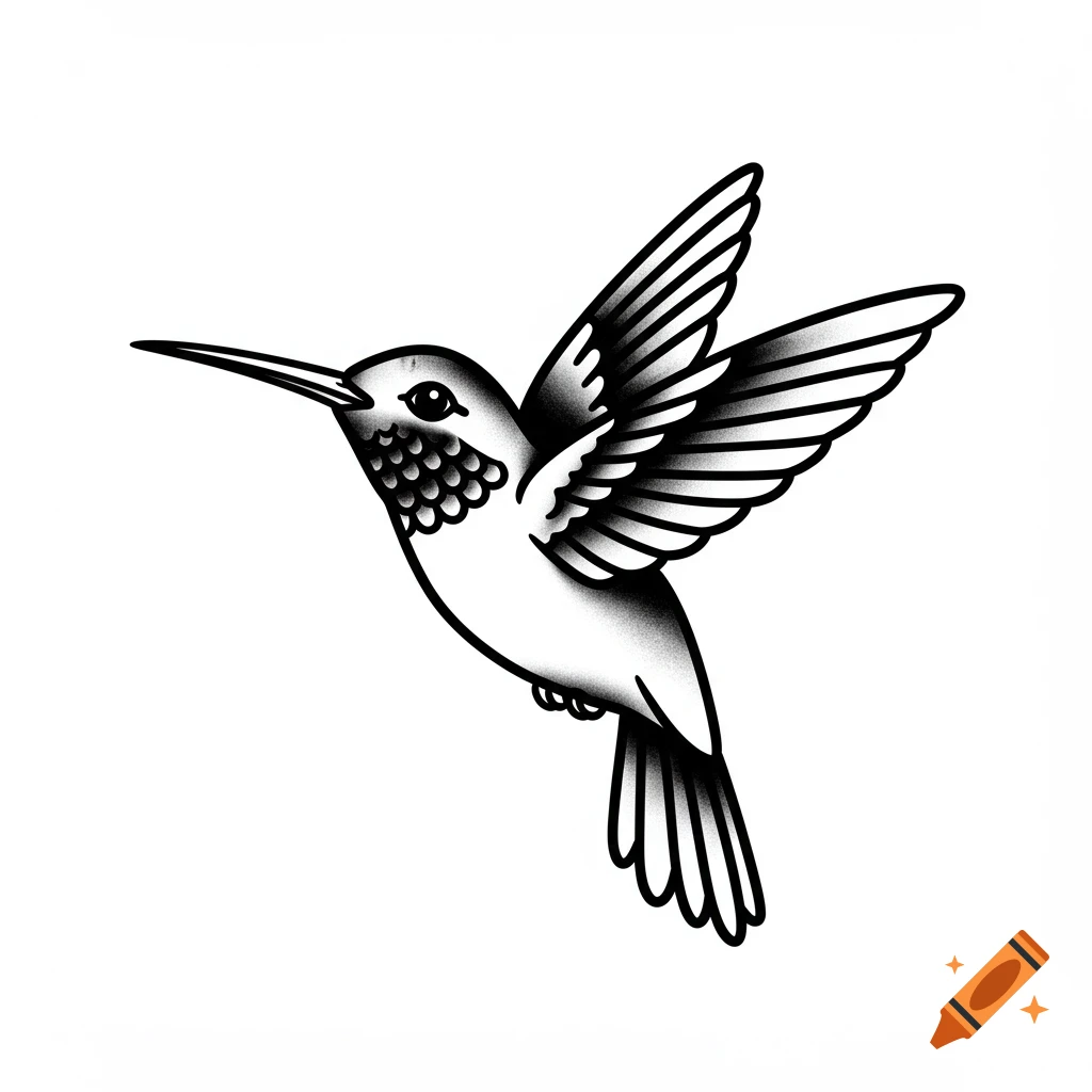 A black and white American traditional tattoo flash of a hummingbird in flight.