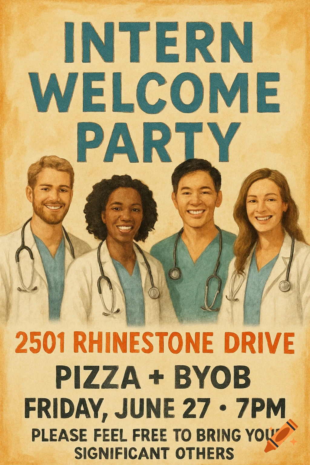 Vintage-style poster for an 'Intern Welcome Party' featuring four smiling doctors, with event details.