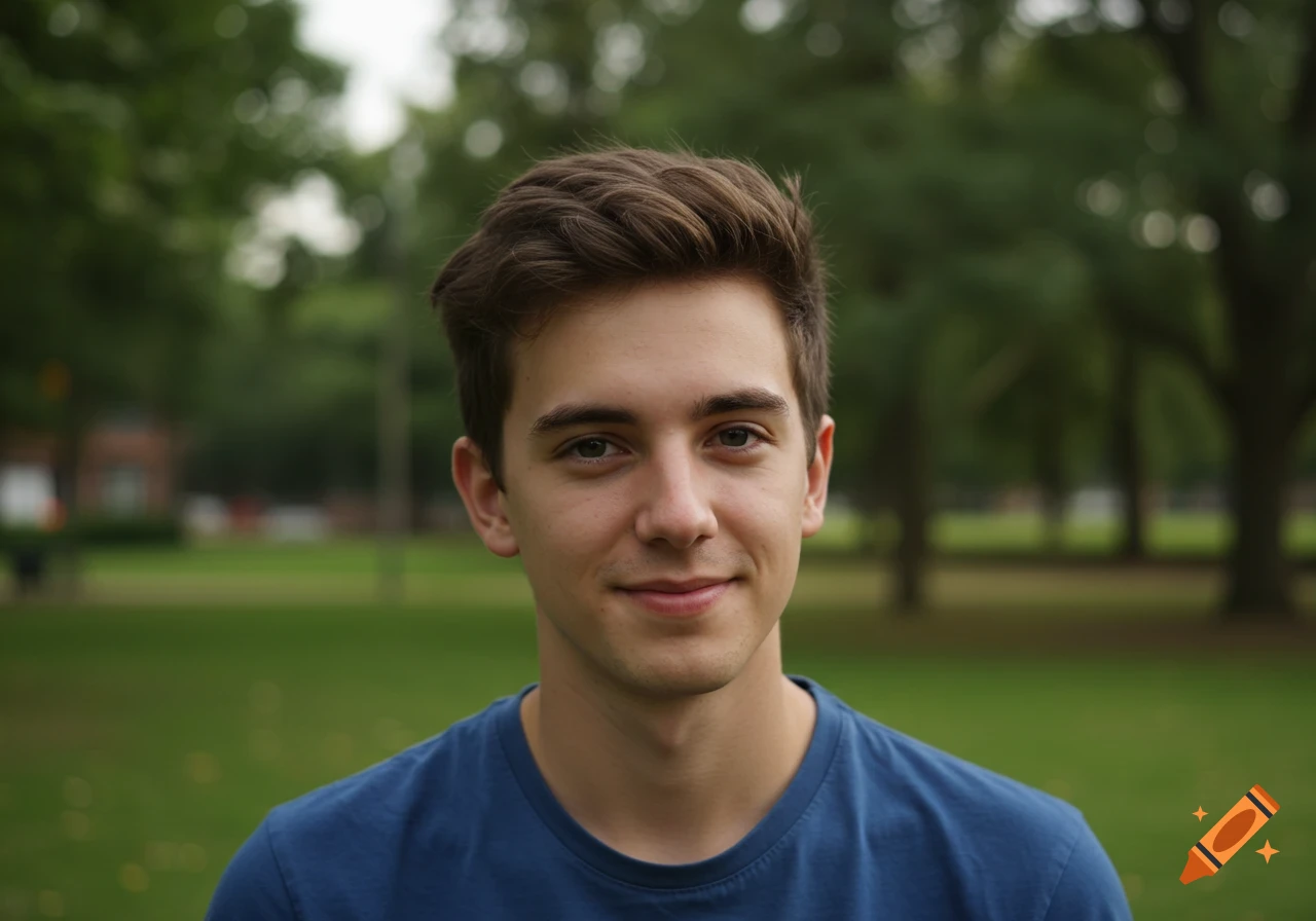 Photorealistic portrait of a smiling young man with brown hair in a park.