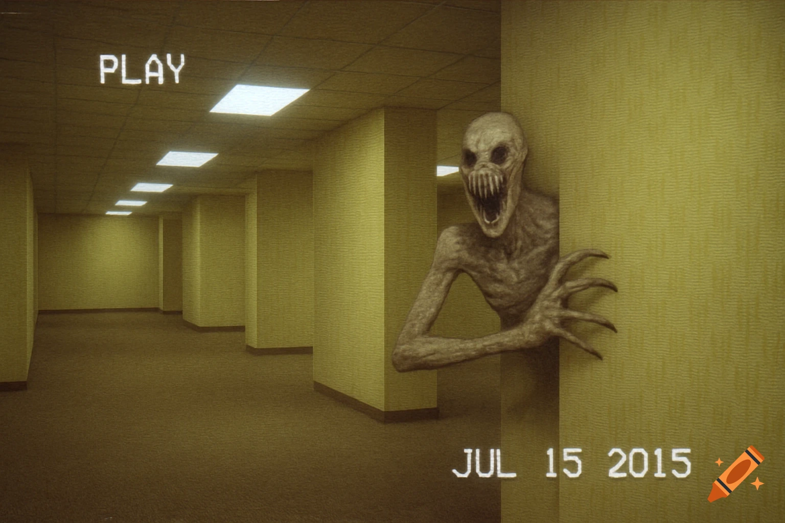A terrifying, pale monster with sharp teeth peeks from behind a corner in a grainy, yellow-walled 'Backrooms' hallway, styled with a VHS 'PLAY' overlay and 'JUL 15 2015' date stamp.