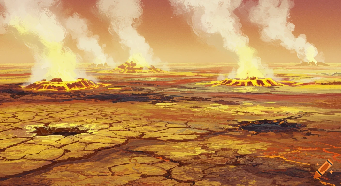A cracked, dry, orange landscape with multiple fiery vents emitting steam and smoke under an orange sky, resembling a desolate planet.