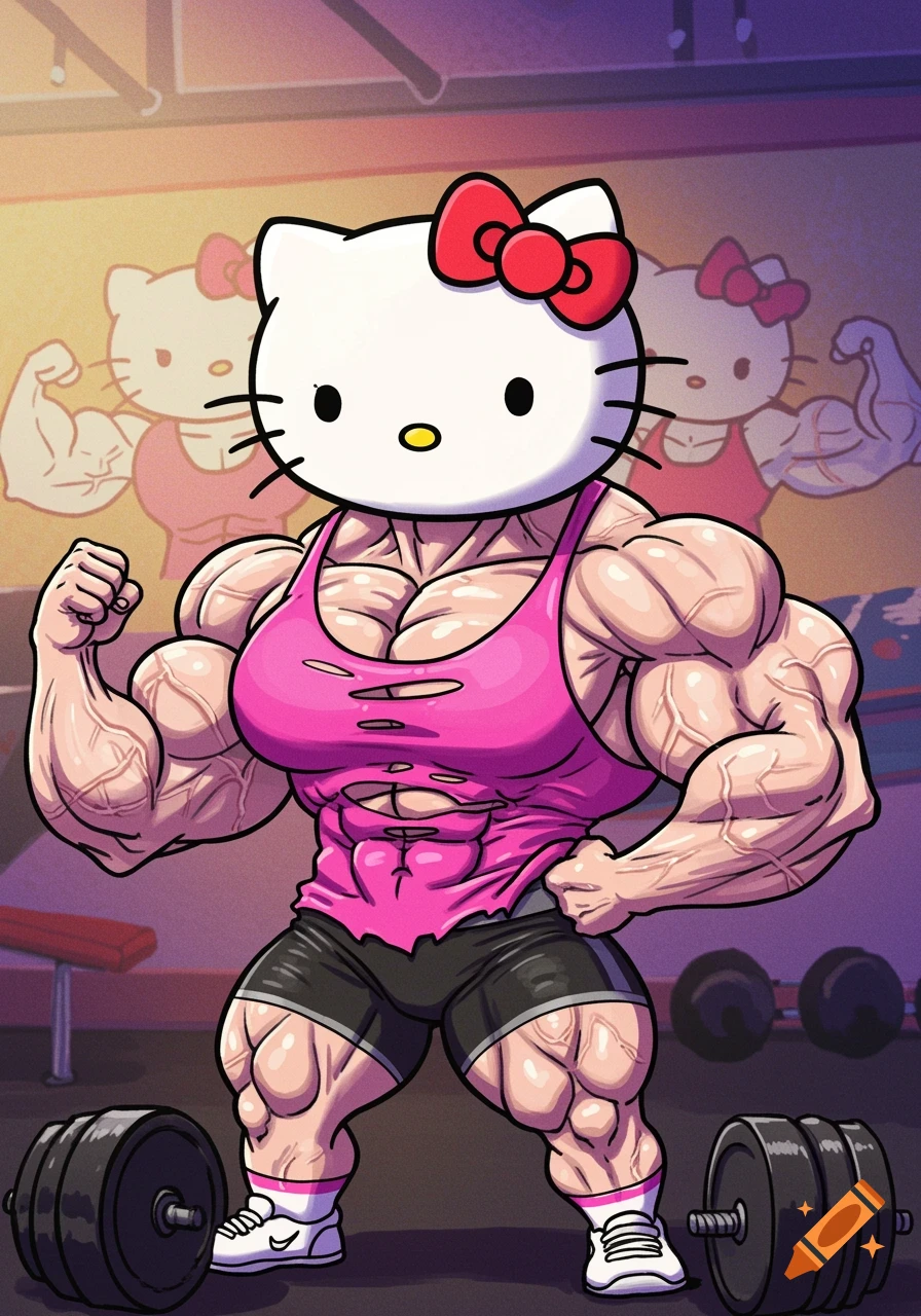 A very muscular Hello Kitty in a pink tank top and black shorts flexes in a gym, with dumbbells and an outline of another muscular Hello Kitty in the background.