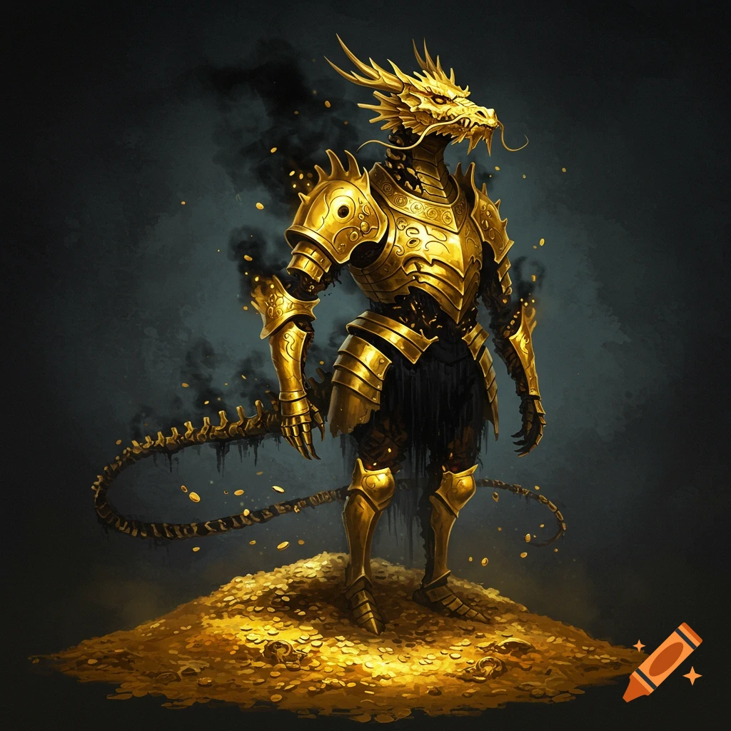 A golden dragon spirit in skeletal armor stands on a pile of gold coins, surrounded by smoke and glittering particles.