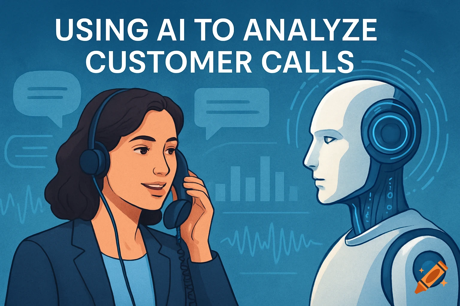 Illustration of a woman in a headset on a phone call with a robot, with the text 'USING AI TO ANALYZE CUSTOMER CALLS' above them.