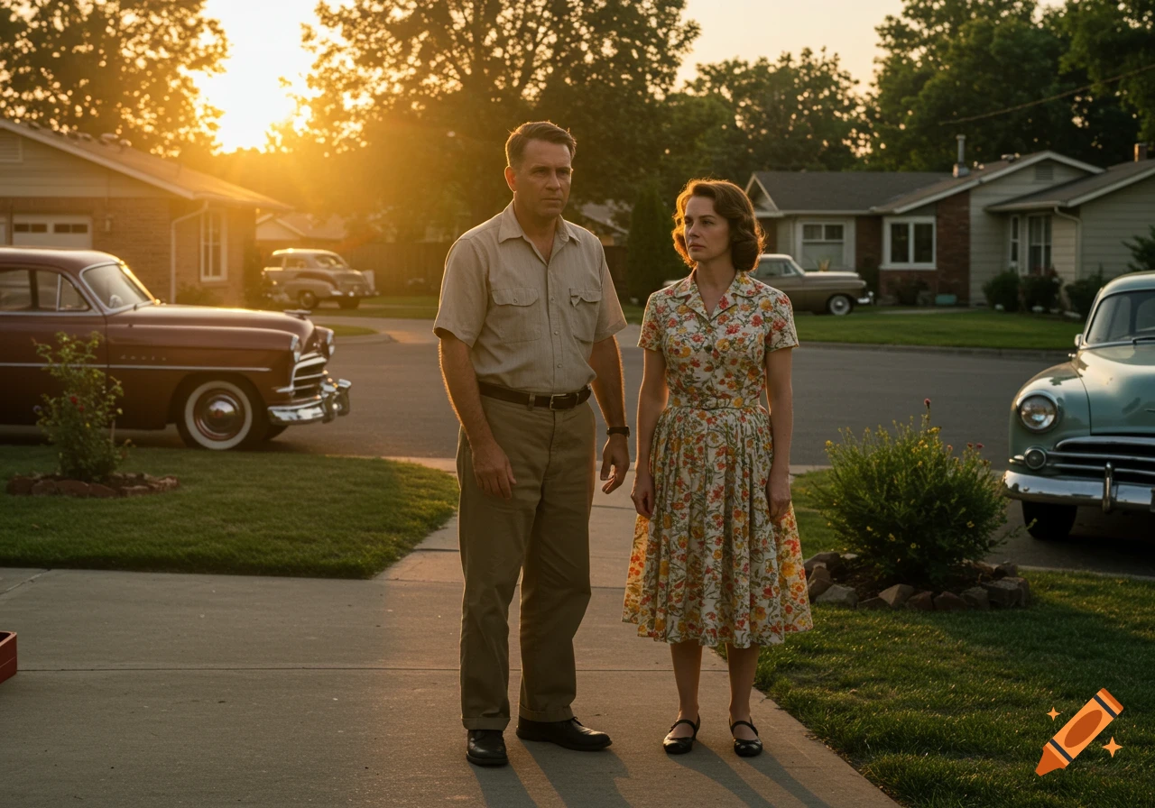 A man and woman in 1950s attire stand on a suburban street at sunset, with vintage cars and houses in the background. Photorealistic film still.