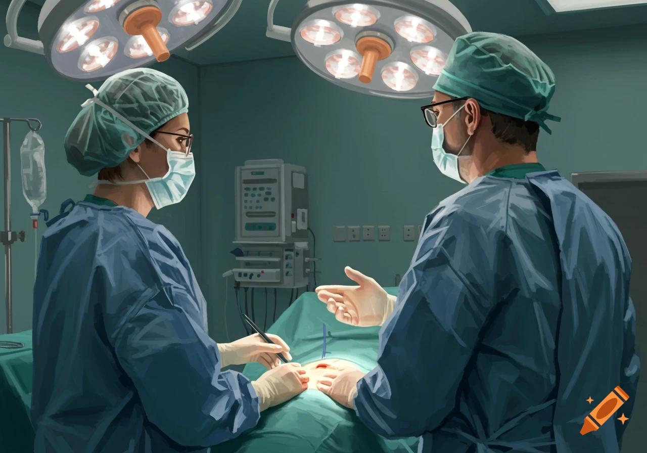 Two surgeons in scrubs and masks perform surgery on a patient under bright operating room lights, in a painterly style.