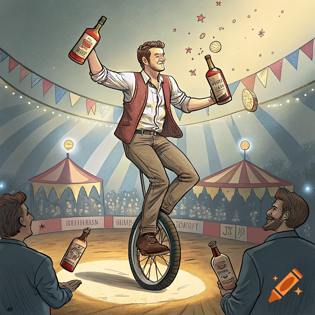 An illustrated man on a unicycle juggles bottles of whiskey on a stage in a circus tent, with an audience in the background.