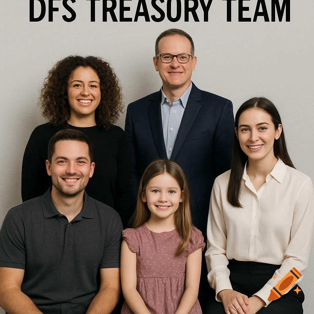 Five people, three adults and one child, in a professional group portrait with 'DFS Treasury Team' title.