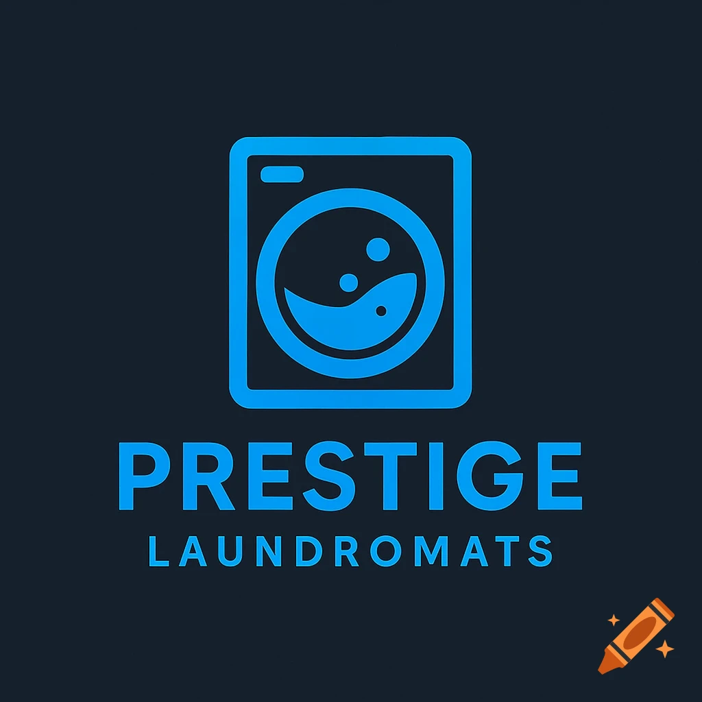A blue logo for Prestige Laundromats on a dark background, featuring a stylized washing machine icon above the text.
