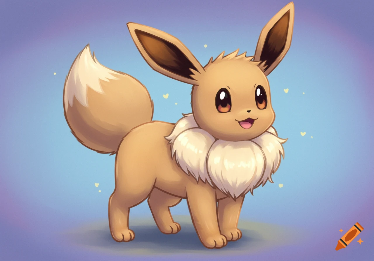 A cute, brown Eevee from Pokemon stands on a blue and purple background with small hearts.