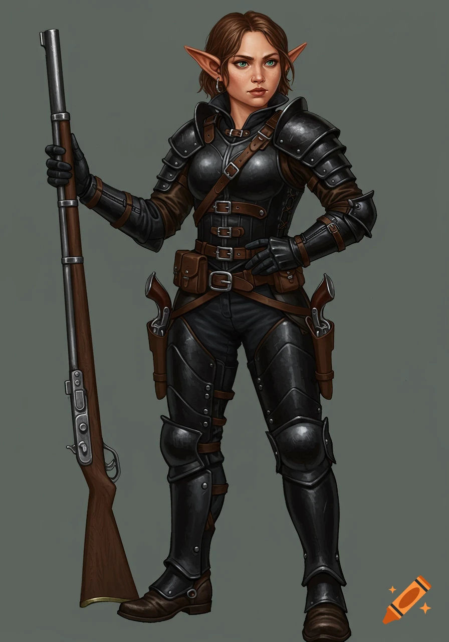 A female fantasy character in black leather armor and brown accents, with pointed ears, holds a rifle and has revolvers on her hips.