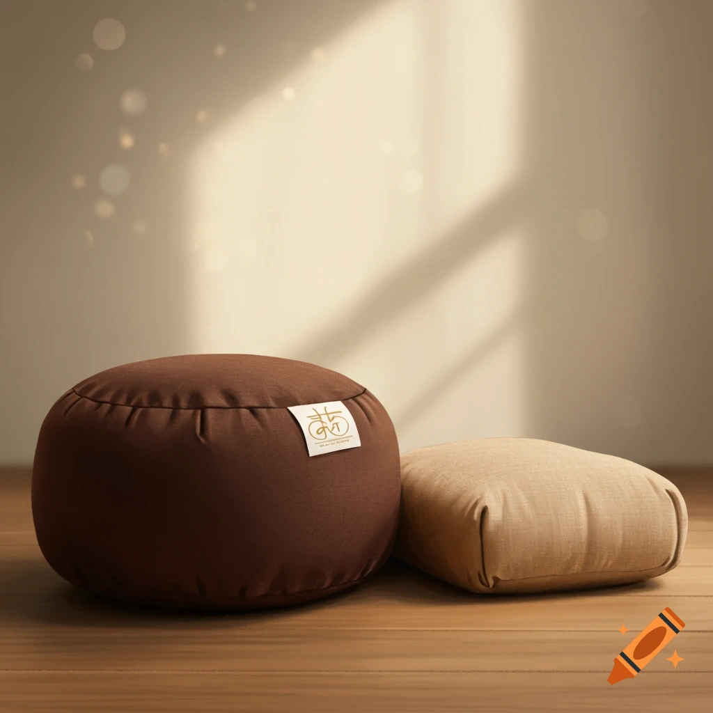 Photorealistic image of a brown zafu and beige zabuton meditation cushion set on a wooden floor.