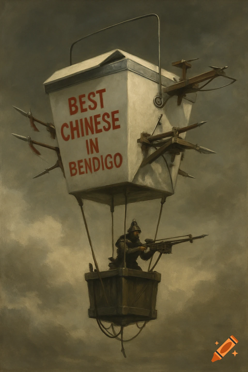 A surreal painting of a hot air balloon shaped like a white Chinese takeaway box with 'BEST CHINESE IN BENDIGO' text, armed with medieval weapons and carrying a warrior in a basket.