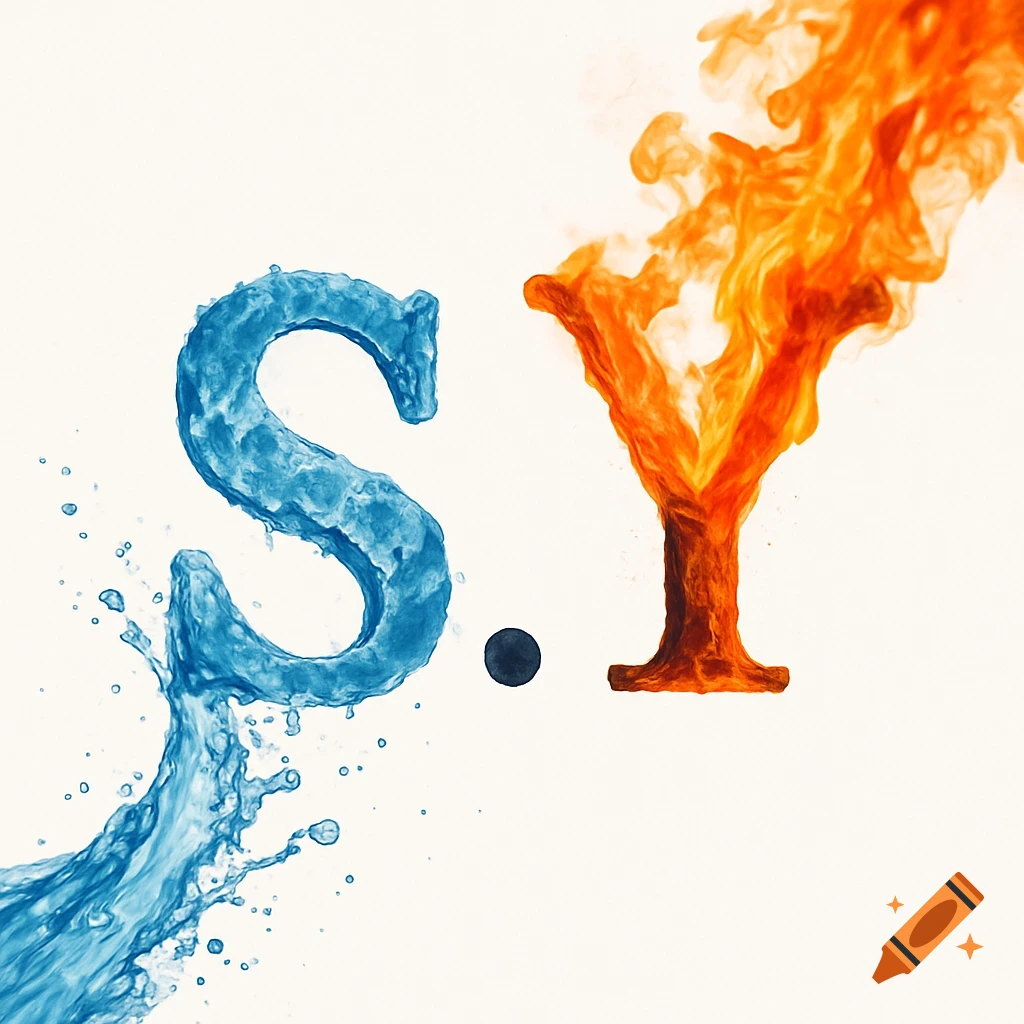 A stylized capital 'S' made of blue water with splashes, and a capital 'Y' made of orange fire, separated by a black dot, all on a white background.