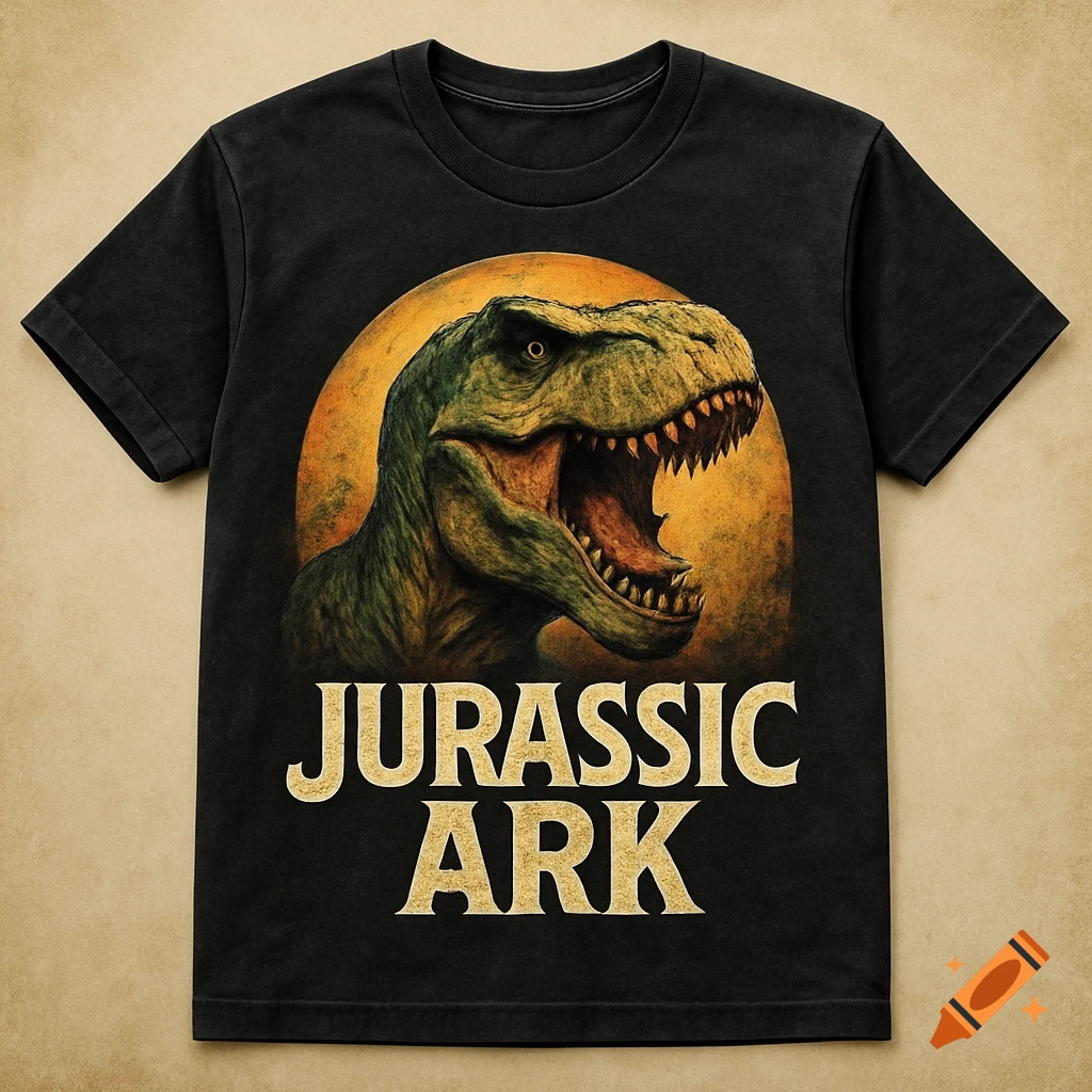 A black t-shirt with a green Tyrannosaurus Rex head against an orange circle, with the words 'JURASSIC ARK' in gold text below.