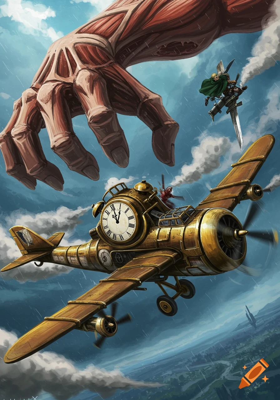 A giant, skinless hand reaches towards a brass steampunk plane with a clock face. A small figure flies nearby with a sword and green cape under a cloudy sky.